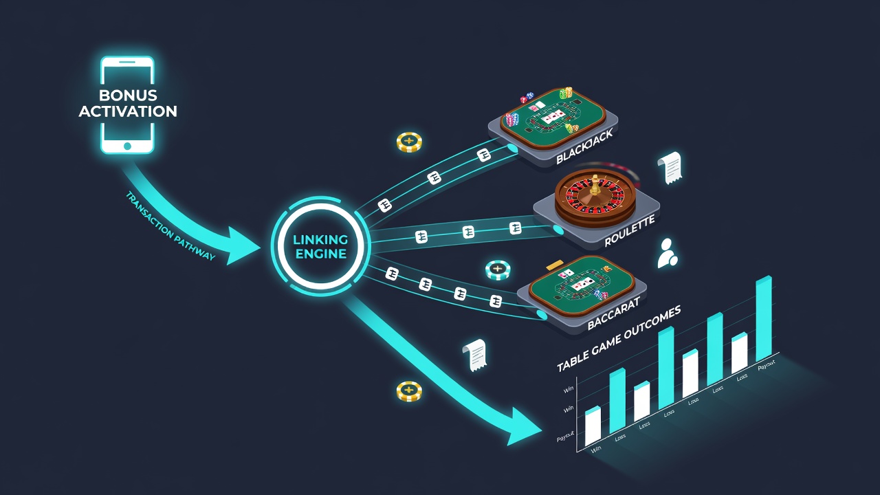 Network diagram illustrating transaction pathways from bonus activation to table game results in mobile applications