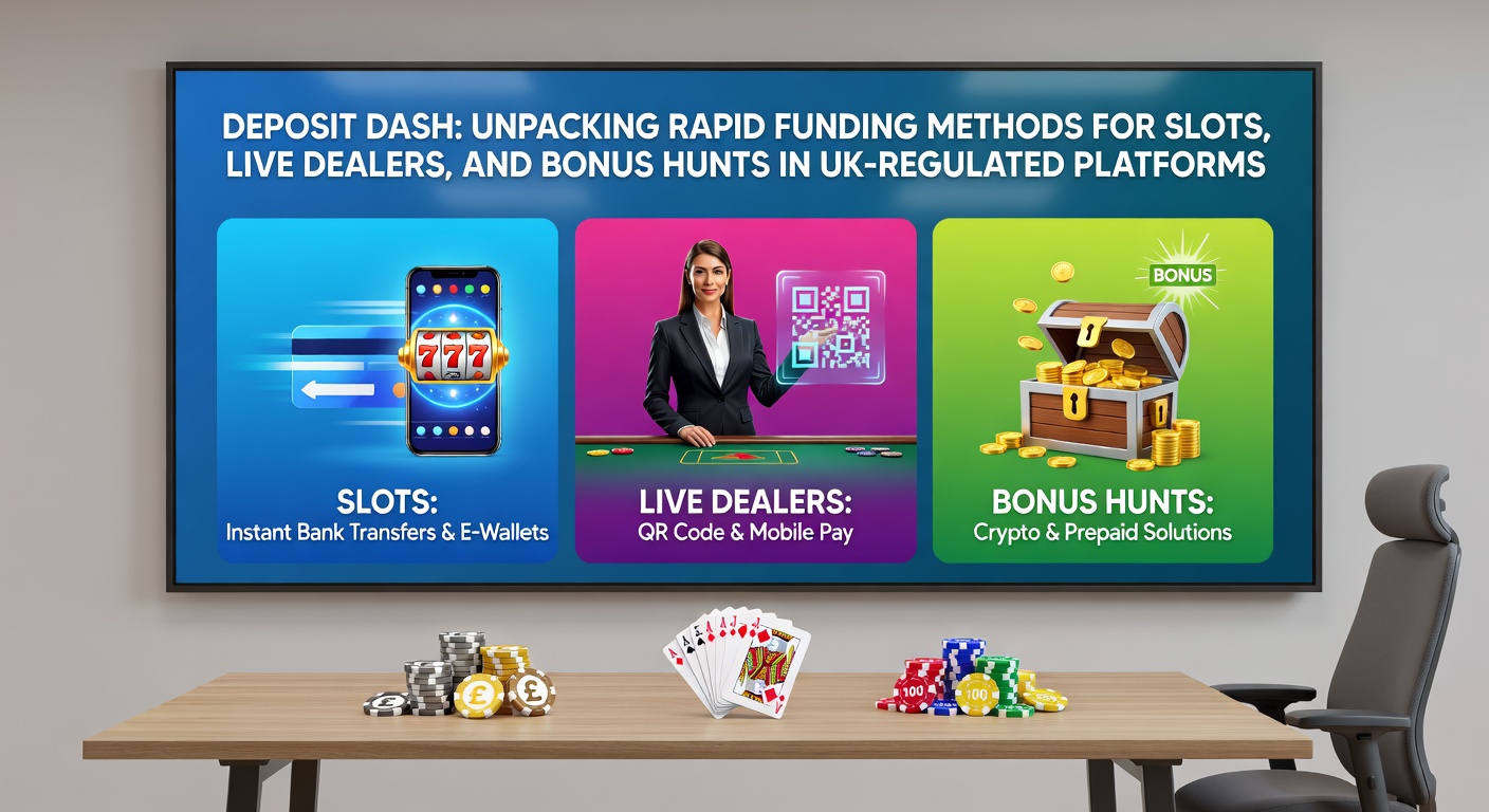 Illustration of deposit icons like Apple Pay, PayPal, and debit cards flowing into a casino app interface for live games and slots