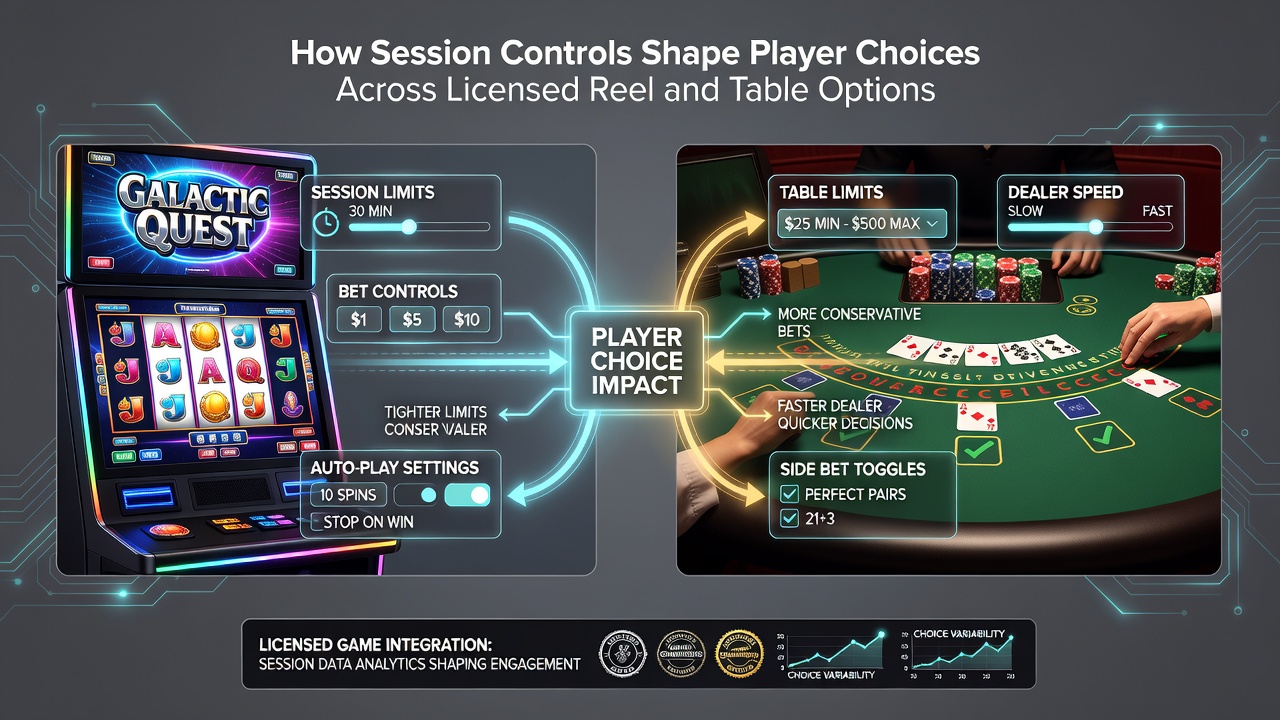 Player interface screenshot demonstrating limit settings affecting reel and table game navigation in a licensed environment