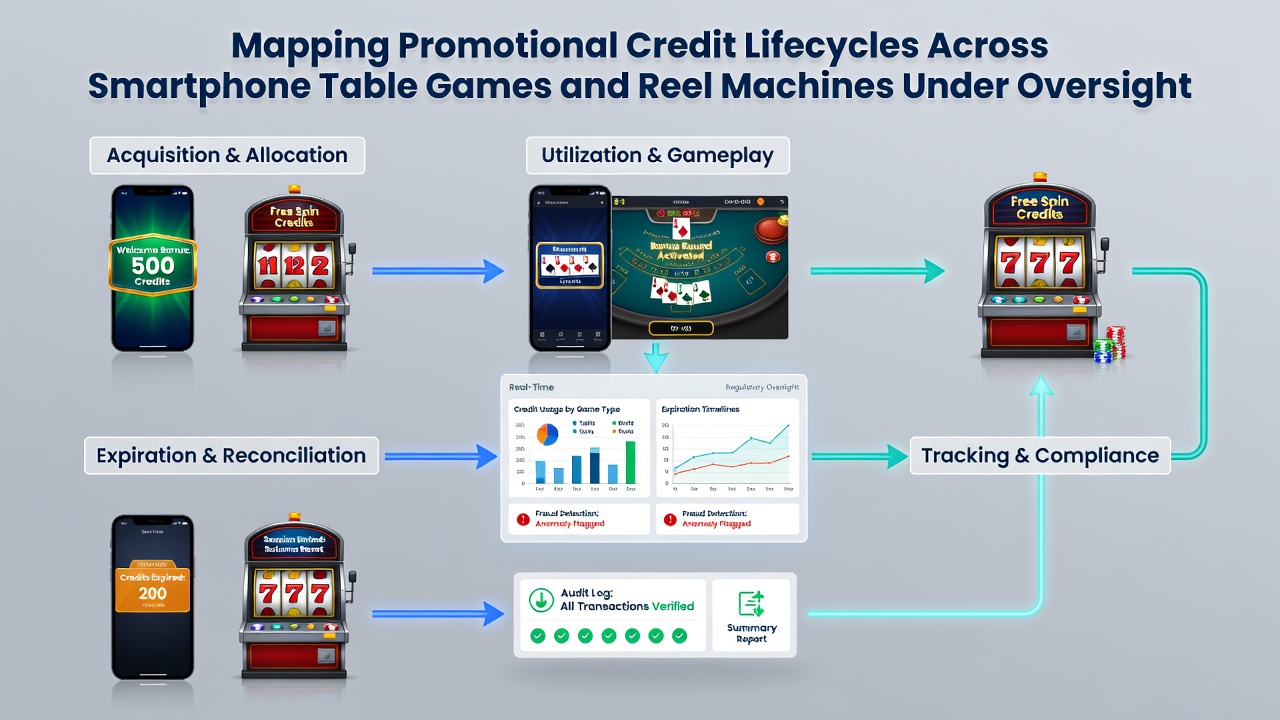 Flowchart illustrating credit lifecycle stages with regulatory checkpoints for both mobile and physical gaming devices