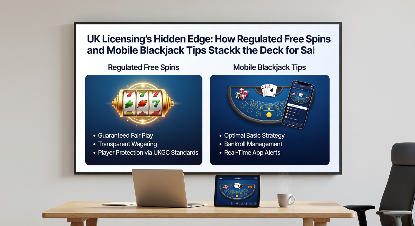 Close-up of a smartphone screen displaying a live mobile blackjack hand with strategy chart overlay, UK license badge visible, and free spins counter in the background